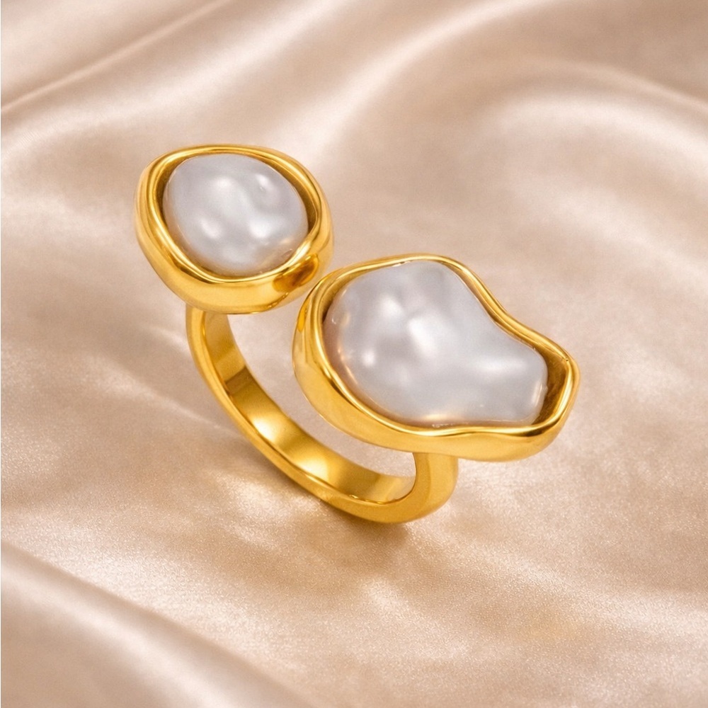 Luxury Gold Pearl Double Stone Ring – Stainless Steel Adjustable - Picture 4 of 8